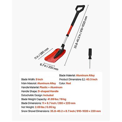 Adjustable Aluminum Snow Shovel with PP D-Grip Handle, Portable and Foldable