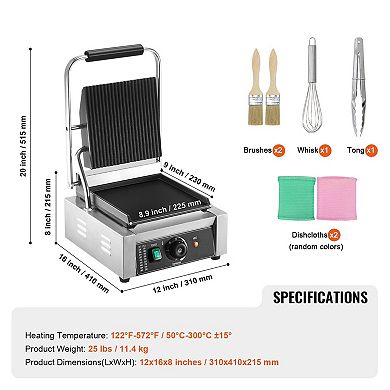 Adjustable Temperature Panini Grill with Cool-Touch Handle and Removable Oil Tray