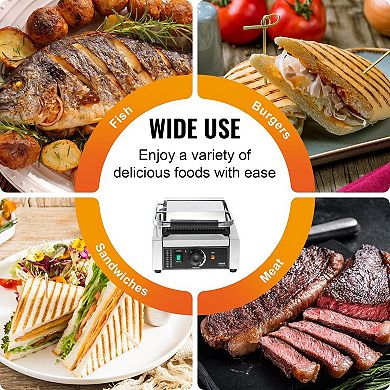 Adjustable Temperature Panini Grill with Cool-Touch Handle and Removable Oil Tray