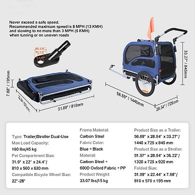 Foldable Dog Bike Trailer and Stroller with Zippered Mesh Doors