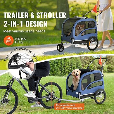 Foldable Dog Bike Trailer and Stroller with Zippered Mesh Doors
