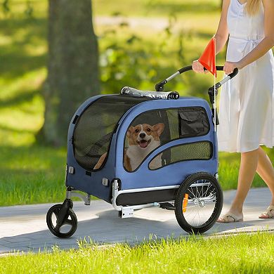 Foldable Dog Bike Trailer and Stroller with Zippered Mesh Doors