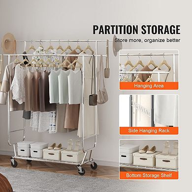 Double-Hanging Rolling Clothes Rack with Bottom Shelf and Side Racks