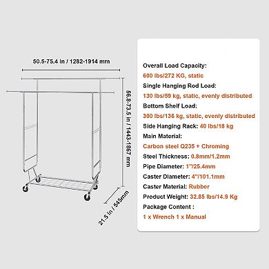 Double-Hanging Rolling Clothes Rack with Bottom Shelf and Side Racks