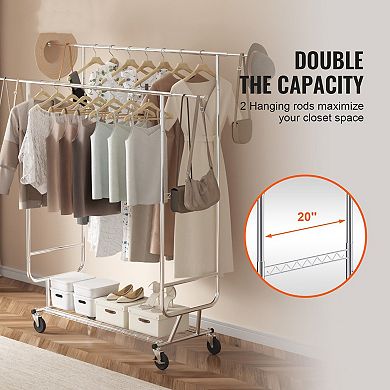 Double-Hanging Rolling Clothes Rack with Bottom Shelf and Side Racks