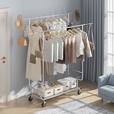 Double-Hanging Rolling Clothes Rack with Bottom Shelf and Side Racks
