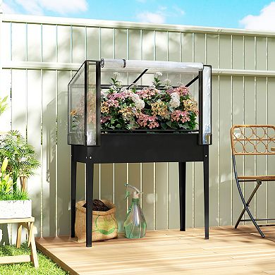 Outsunny Metal Raised Garden Bed with Flip-Up Greenhouse Cover