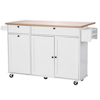 Kitchen Island with Drawers, Trash Cabinet, Side Racks, and Drop-Leaf Counter