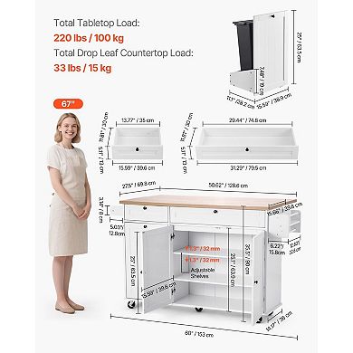 Kitchen Island with Drawers, Trash Cabinet, Side Racks, and Drop-Leaf Counter