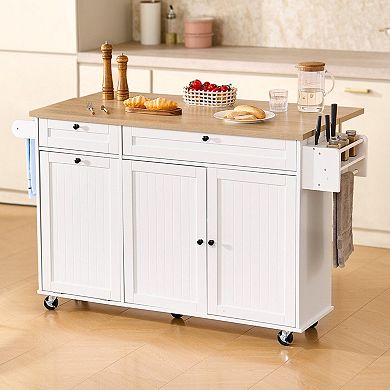 Kitchen Island with Drawers, Trash Cabinet, Side Racks, and Drop-Leaf Counter