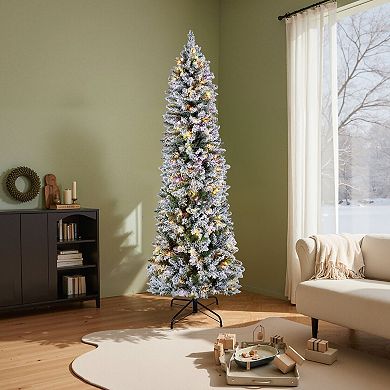 Prelit Flocked Artificial Christmas Tree with Multicolor LED Lights and Remote