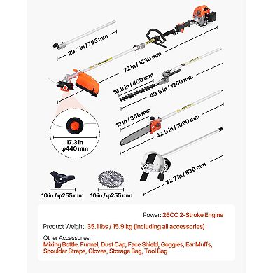 26CC Gas-Powered Multi-Function Yard Tool for Hedges, Grass, Brush, and Branches
