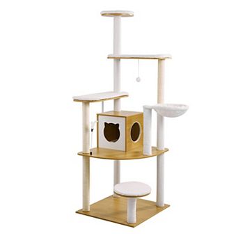 Cat Tree with Litter Box Enclosure Hammock Sisal Scratching Posts for Indoor Cats