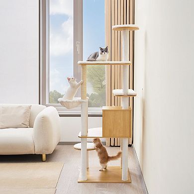 Cat Tree with Litter Box Enclosure Hammock Sisal Scratching Posts for Indoor Cats