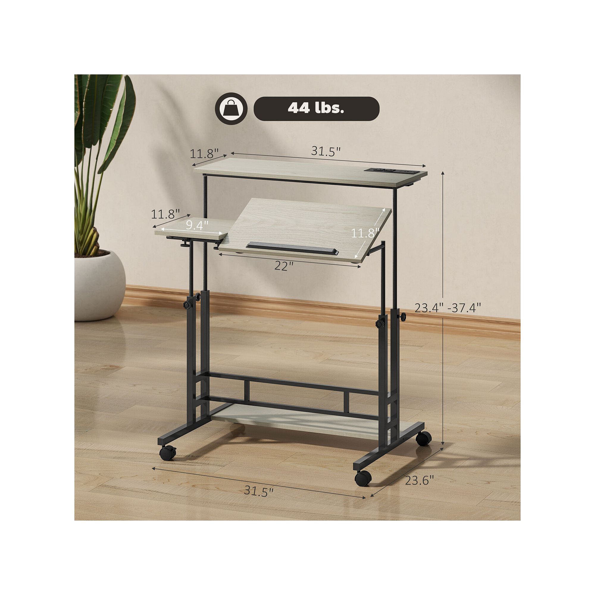 Adjustable standing desk dimensions diagram with height range and footprint