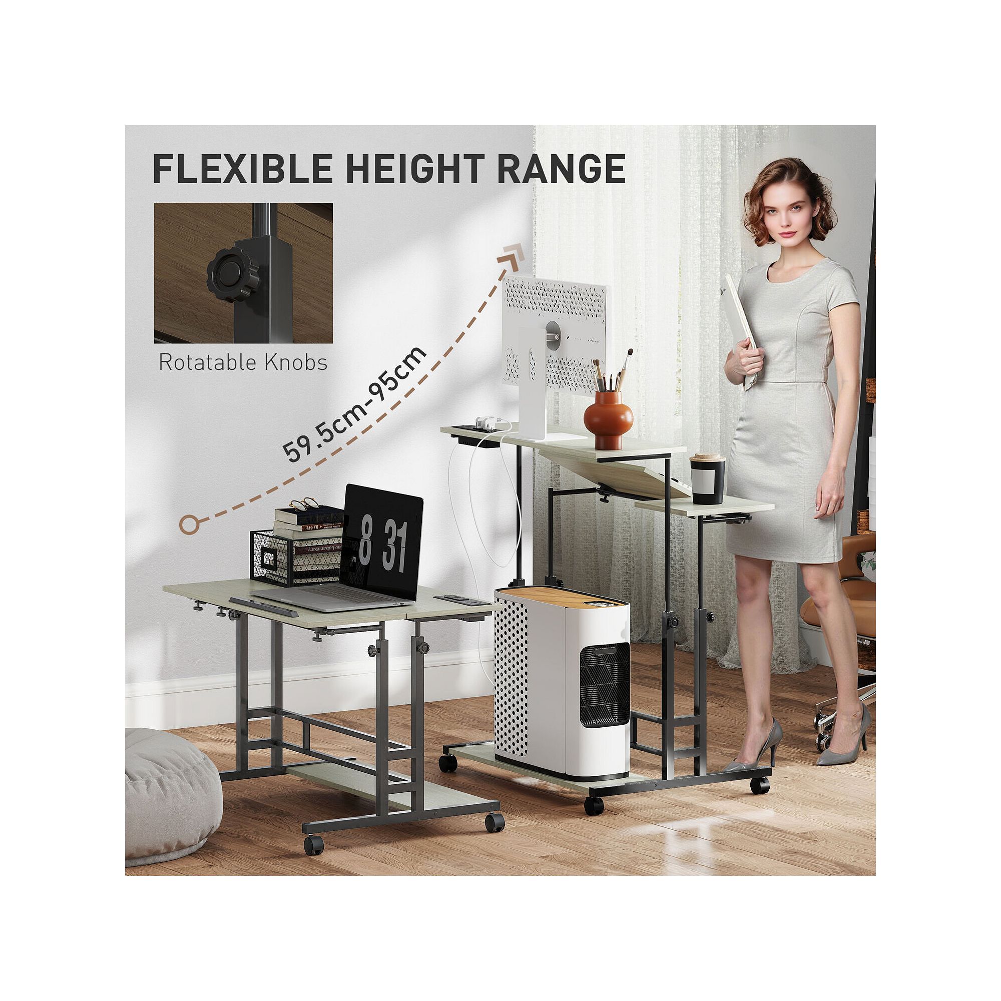 Standing desk with flexible height range and rotatable knobs
