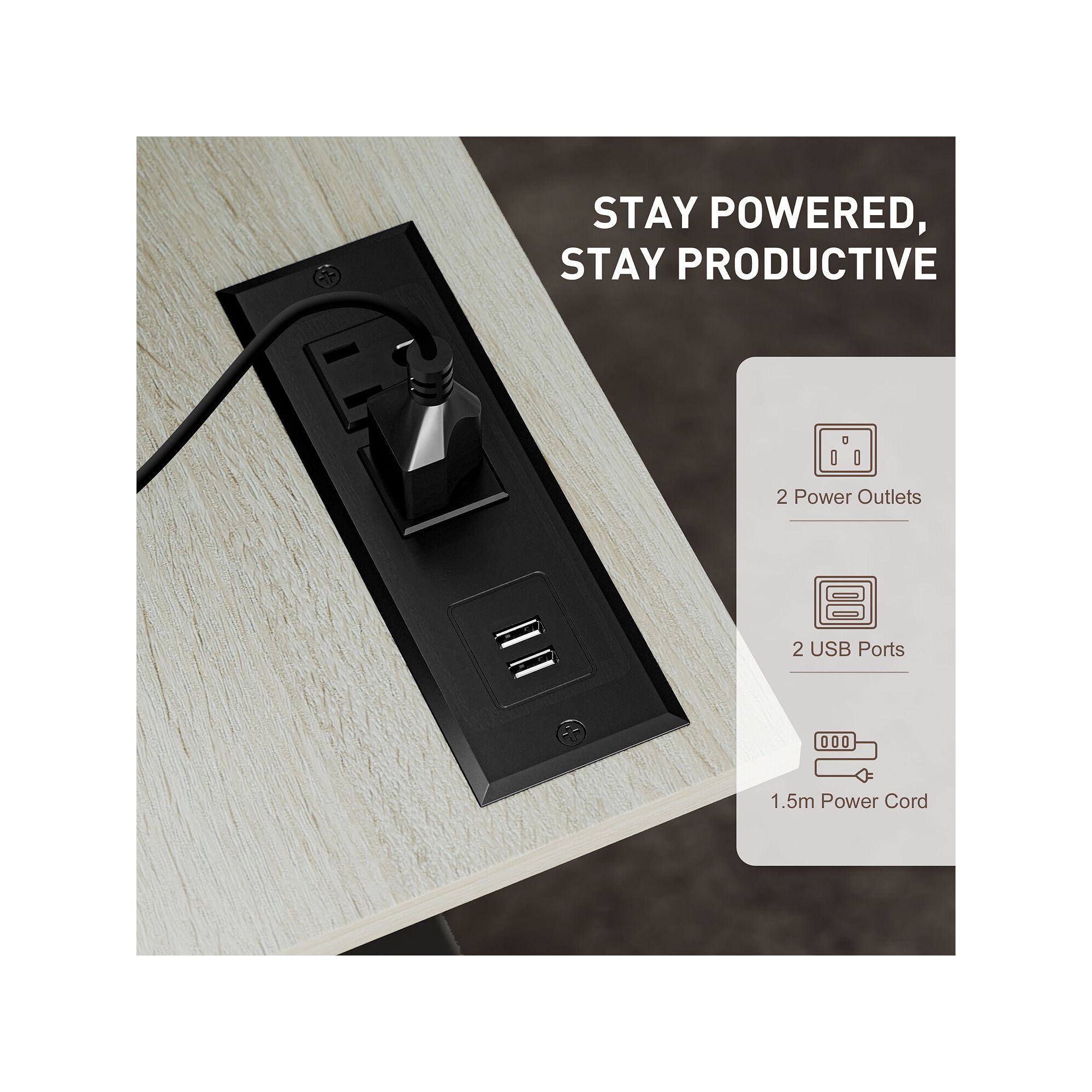 Built-in power outlets panel with USB ports on adjustable standing desk