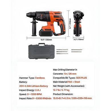 Rotary Hammer Drill Kit with Drill Bits, Chisels, Battery, Charger, and Case