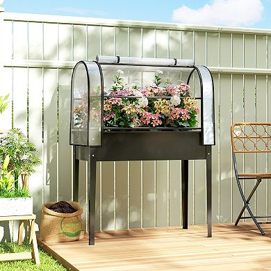 Outsunny Metal Raised Garden Bed with Flip-Up Greenhouse Cover