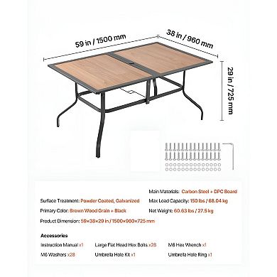Galvanized Steel Rectangular Patio Dining Table with Umbrella Hole