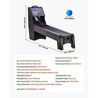 9-Foot Arcade Skeeball Table with Electronic Scoring and Multiple Play Modes