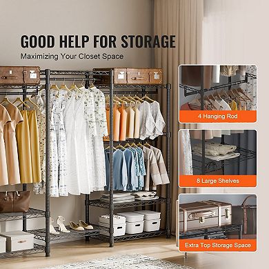 Heavy-Duty Modular Clothes Rack with 8 Shelves and 4 Hanging Rods