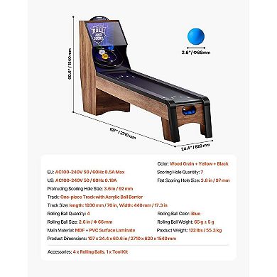 9-Foot Roll and Score Arcade Skeeball Table with LED Effects and Electronic Scorer