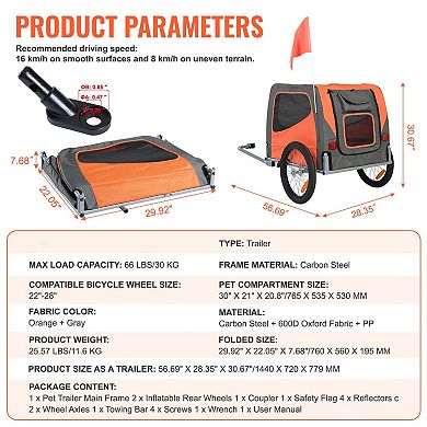 Foldable Dog Bicycle Trailer for Dogs 66 lbs with Weather Cover and Removable Wheels