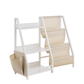 7-Compartment Bookshelf and Toy Organizer with Top Shelf and Side Pouch