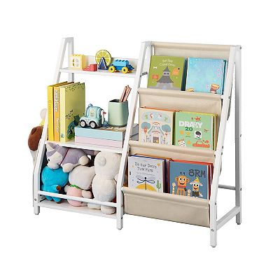 7-Compartment Bookshelf and Toy Organizer with Top Shelf and Side Pouch