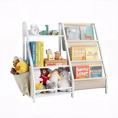 7-Compartment Bookshelf and Toy Organizer with Top Shelf and Side Pouch