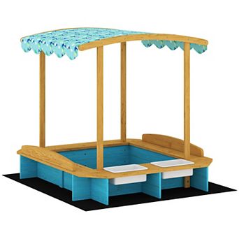 Qaba Wooden Sandbox with Dinosaur Print Canopy, 50" x 47"