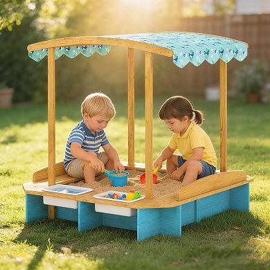 Qaba Wooden Sandbox with Dinosaur Print Canopy, 50inch x 47inch