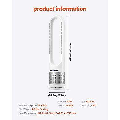 Bladeless Tower Fan with HEPA Filter, 8 Speeds, Remote Control