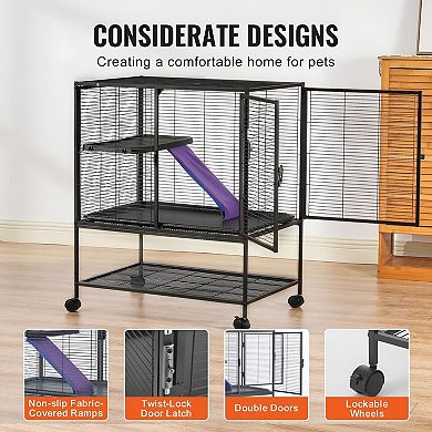 Ferret Cage with Ramp, Rolling Wheels, and Storage Shelf