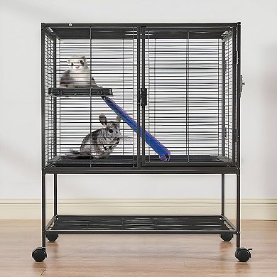 Ferret Cage with Ramp, Rolling Wheels, and Storage Shelf