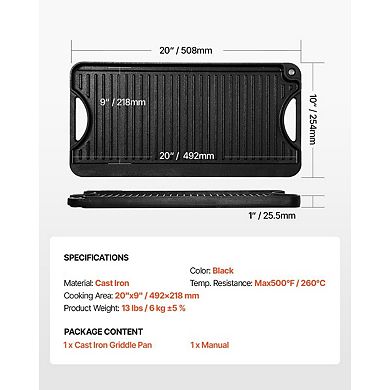 Cast Iron Griddle and Grill 20" Flat and Ridged Surface for Family Meals