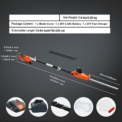 Cordless Battery Hedge Trimmer with 7494" Telescoping Pole and Safety Switches