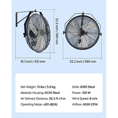 Industrial Wall Mount Fan with 3 Speeds, Adjustable Head