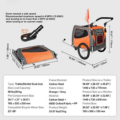 Dog Bike Trailer Convertible to Stroller with Adjustable Handle