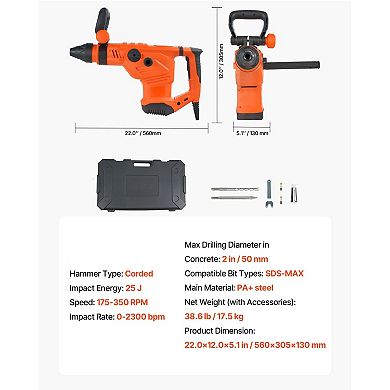 Hammer Drill Kit with Bit, Chisel, Carbon Brushes, and Wrench