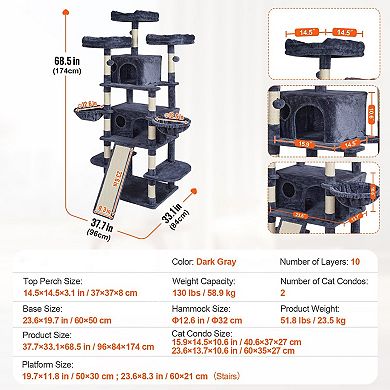 Cat Tree for Multiple Cats with Condos Hammock Sisal Posts and Hanging Toys