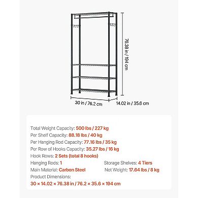 Closet Garment Rack with Adjustable Shelves, Hanging Rod, and Hooks