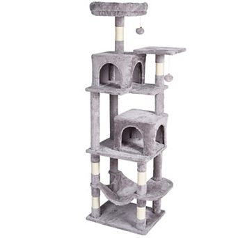 Indoor Cat Tree with Two Condos Hammock Sisal Scratching Posts and Hanging Toys