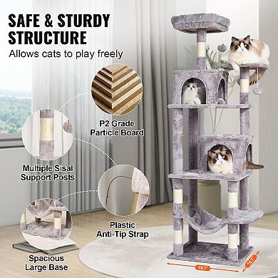 Indoor Cat Tree with Two Condos Hammock Sisal Scratching Posts and Hanging Toys