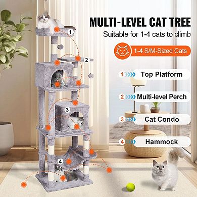 Indoor Cat Tree with Two Condos Hammock Sisal Scratching Posts and Hanging Toys