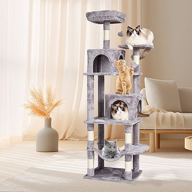 Indoor Cat Tree with Two Condos Hammock Sisal Scratching Posts and Hanging Toys