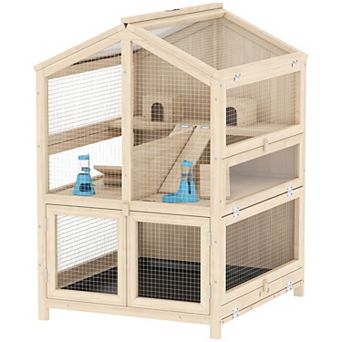 PawHut Wooden Hamster Cage 3 tier with Pull-Out Tray, Hut, Seesaws, Ramps