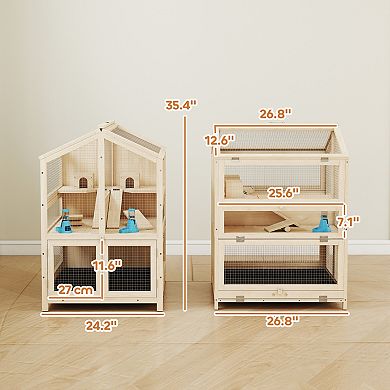 PawHut Wooden Hamster Cage 3 Tier with Pull-Out Tray, Hut, Seesaws, Ramps