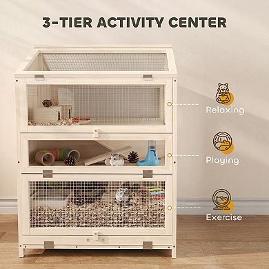 PawHut Wooden Hamster Cage 3 Tier with Pull-Out Tray, Hut, Seesaws, Ramps